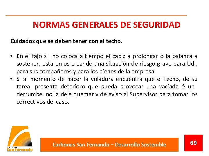 NORMAS GENERALES DE SEGURIDAD Cuidados que se deben tener con el techo. • En