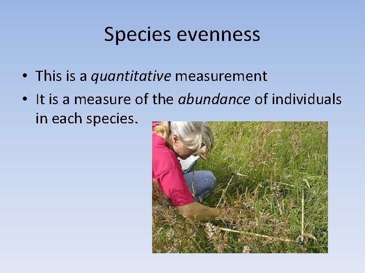 Species evenness • This is a quantitative measurement • It is a measure of
