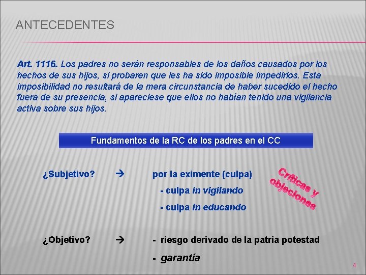 ANTECEDENTES Art. 1116. Los padres no serán responsables de los daños causados por los