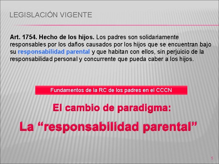 LEGISLACIÓN VIGENTE Art. 1754. Hecho de los hijos. Los padres son solidariamente responsables por