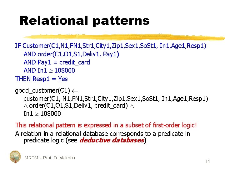 Relational patterns IF Customer(C 1, N 1, FN 1, Str 1, City 1, Zip