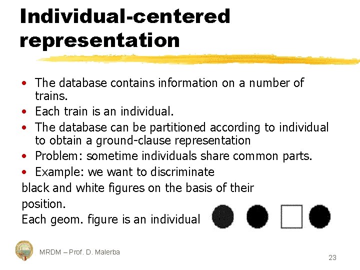 Individual-centered representation • The database contains information on a number of trains. • Each