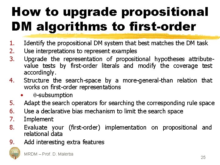 How to upgrade propositional DM algorithms to first-order 1. 2. 3. 4. 5. 6.