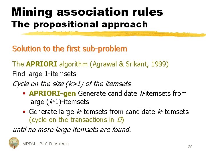 Mining association rules The propositional approach Solution to the first sub-problem The APRIORI algorithm