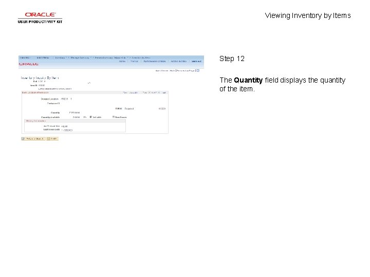 Viewing Inventory by Items Step 12 The Quantity field displays the quantity of the