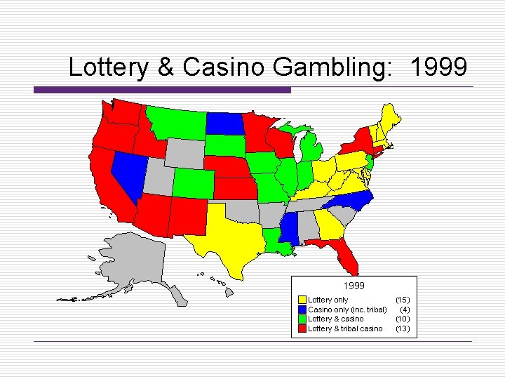 Lottery & Casino Gambling: 1999 Lottery only (15) Casino only (inc. tribal) (4) Lottery