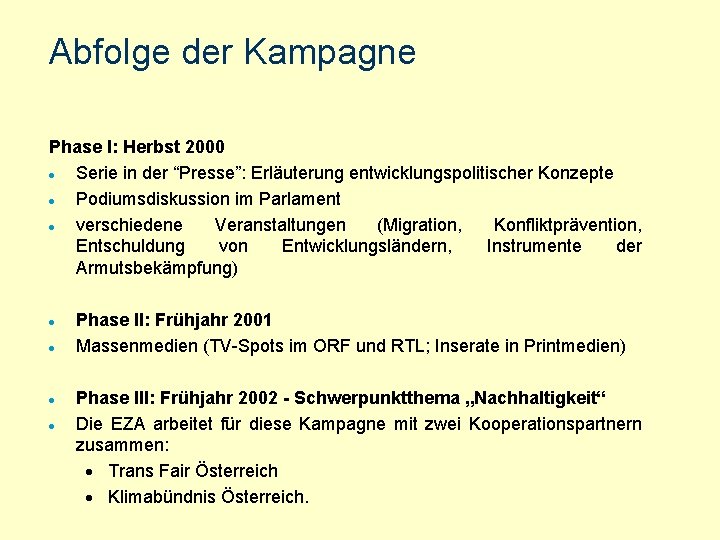 Abfolge der Kampagne Phase I: Herbst 2000 · Serie in der “Presse”: Erläuterung entwicklungspolitischer