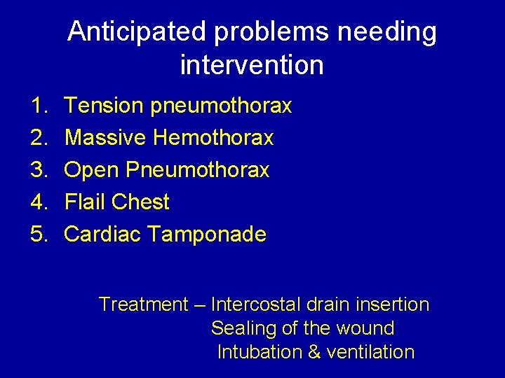 Anticipated problems needing intervention 1. 2. 3. 4. 5. Tension pneumothorax Massive Hemothorax Open