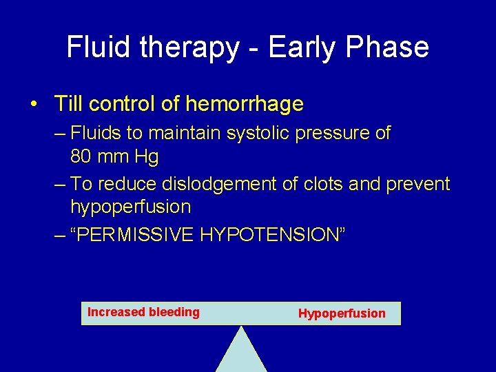 Fluid therapy - Early Phase • Till control of hemorrhage – Fluids to maintain