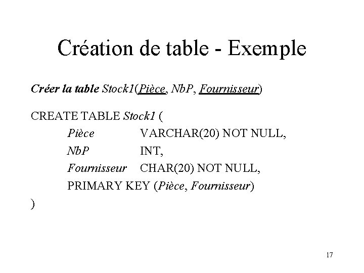 Création de table - Exemple Créer la table Stock 1(Pièce, Nb. P, Fournisseur) CREATE