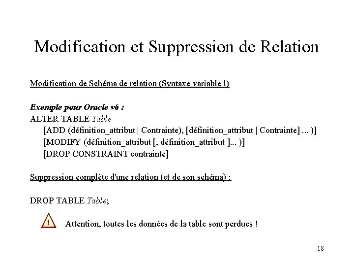 Modification et Suppression de Relation Modification de Schéma de relation (Syntaxe variable !) Exemple