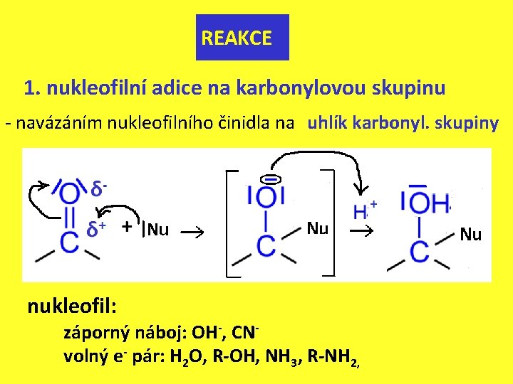 REAKCE 1. nukleofilní adice na karbonylovou skupinu - navázáním nukleofilního činidla na uhlík karbonyl.