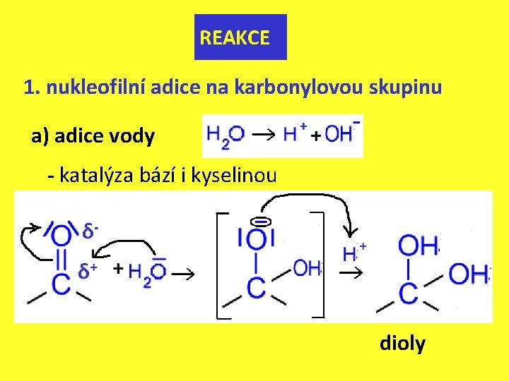 REAKCE 1. nukleofilní adice na karbonylovou skupinu a) adice vody - katalýza bází i