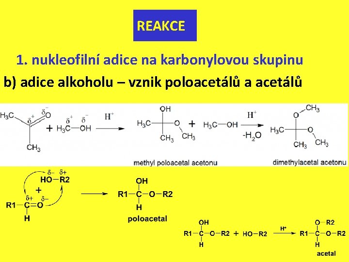 REAKCE 1. nukleofilní adice na karbonylovou skupinu b) adice alkoholu – vznik poloacetálů a