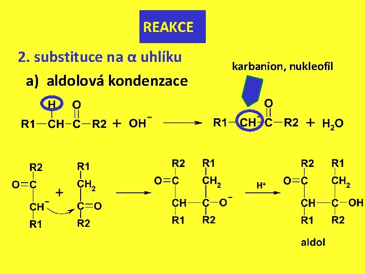 REAKCE 2. substituce na α uhlíku a) aldolová kondenzace karbanion, nukleofil 