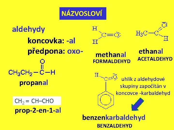 NÁZVOSLOVÍ aldehydy koncovka: -al předpona: oxo- methanal FORMALDEHYD propanal ethanal ACETALDEHYD uhlík z aldehydové