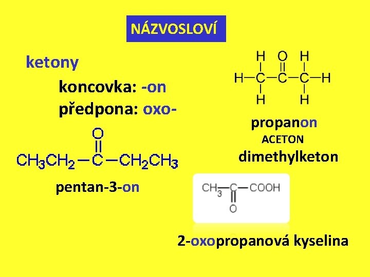 NÁZVOSLOVÍ ketony koncovka: -on předpona: oxo- propanon ACETON dimethylketon pentan-3 -on 2 -oxopropanová kyselina