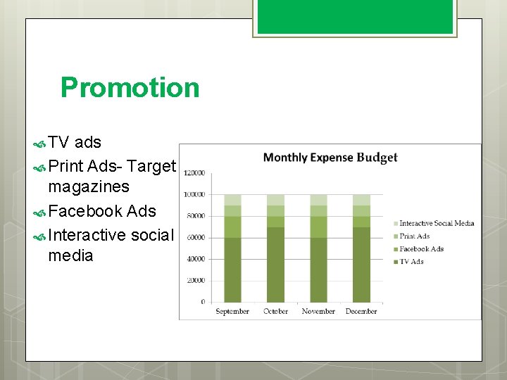 Promotion TV ads Print Ads- Target magazines Facebook Ads Interactive social media 