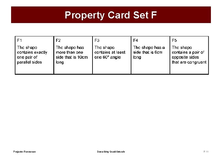 Property Card Set F Projector Resources Describing Quadrilaterals P-11 