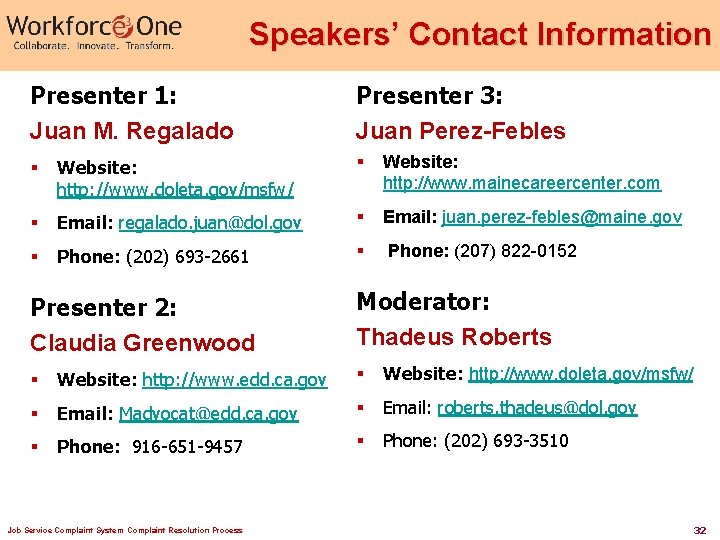 Speakers’ Contact Information Presenter 1: Juan M. Regalado Presenter 3: Juan Perez-Febles § Website: