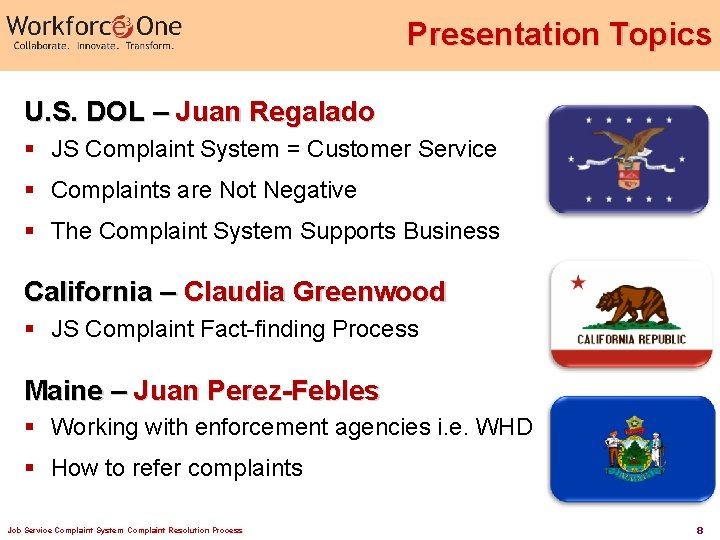 Presentation Topics U. S. DOL – Juan Regalado § JS Complaint System = Customer