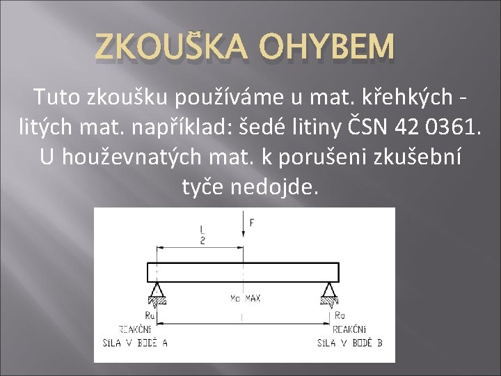 ZKOUŠKA OHYBEM Tuto zkoušku používáme u mat. křehkých - litých mat. například: šedé litiny