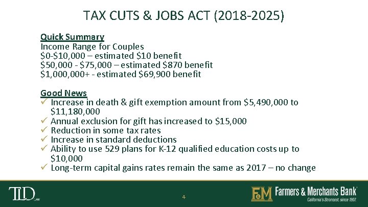 TAX CUTS & JOBS ACT (2018 -2025) Quick Summary Income Range for Couples $0