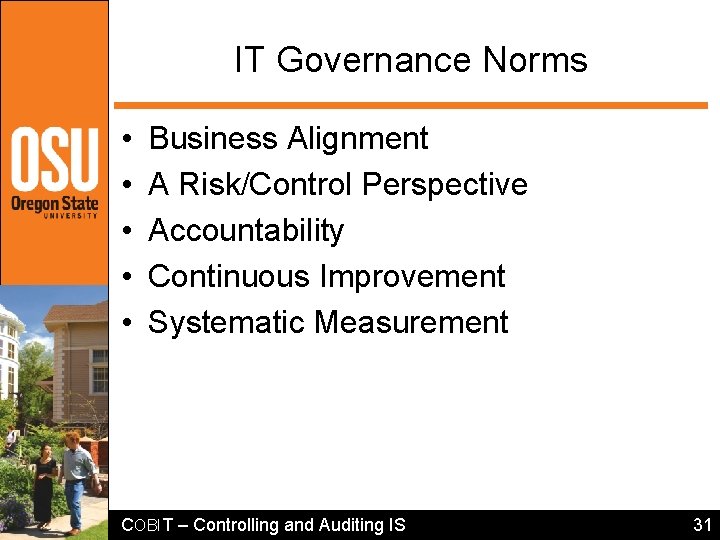 IT Governance Norms • • • Business Alignment A Risk/Control Perspective Accountability Continuous Improvement