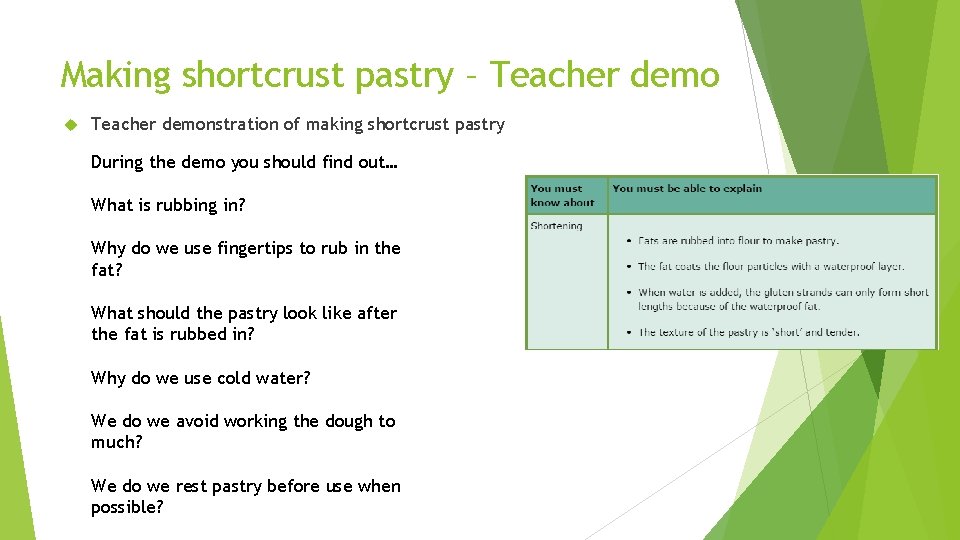 Making shortcrust pastry – Teacher demonstration of making shortcrust pastry During the demo you
