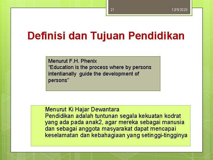 21 12/5/2020 Definisi dan Tujuan Pendidikan Menurut F. H. Phenix “Education is the process