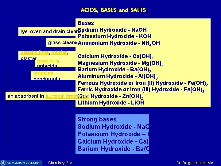 ACIDS, BASES and SALTS Bases Sodium Hydroxide - Na. OH lye, oven and drain