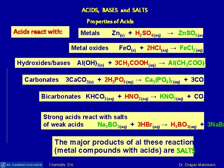 ACIDS, BASES and SALTS Properties of Acids react with: Metals Zn(s) + H 2