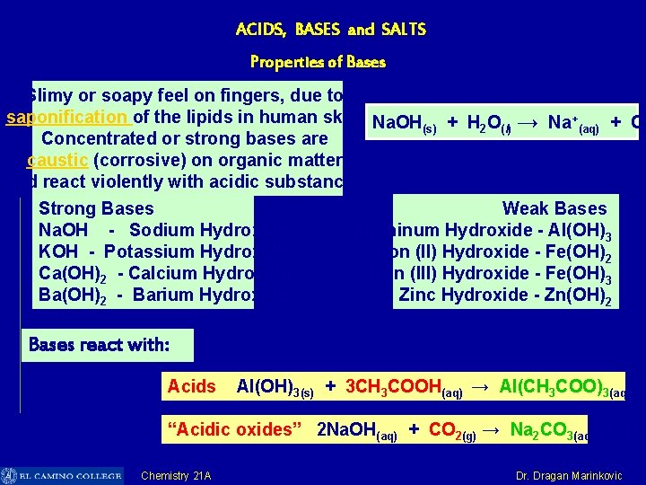 ACIDS, BASES and SALTS Properties of Bases Slimy or soapy feel on fingers, due