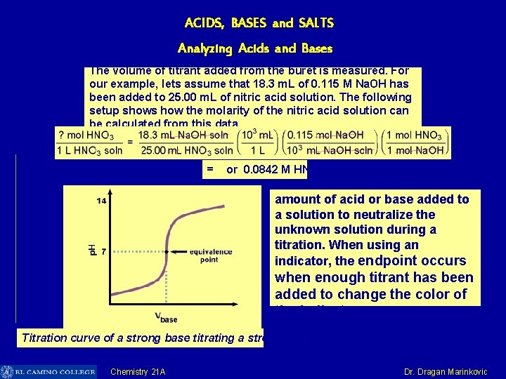 ACIDS, BASES and SALTS Analyzing Acids and Bases The volume of titrant added from