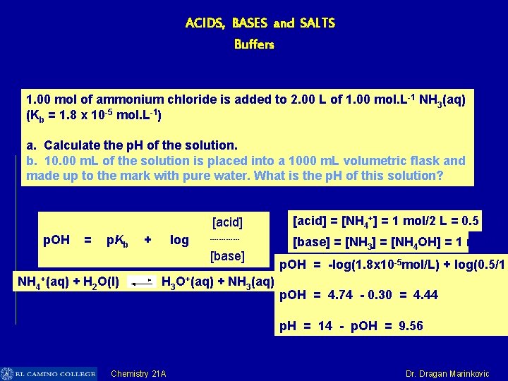 ACIDS, BASES and SALTS Buffers 1. 00 mol of ammonium chloride is added to