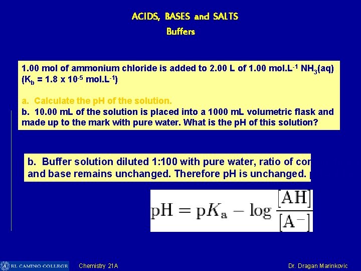 ACIDS, BASES and SALTS Buffers 1. 00 mol of ammonium chloride is added to