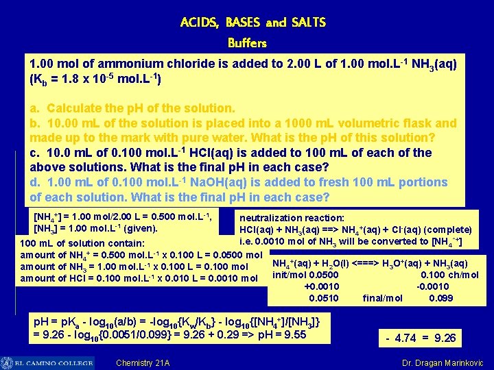ACIDS, BASES and SALTS Buffers 1. 00 mol of ammonium chloride is added to