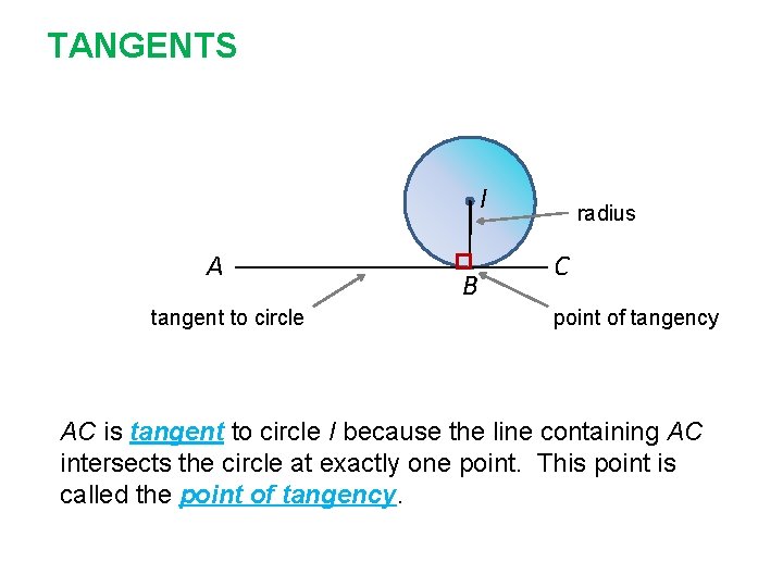 TANGENTS I A tangent to circle B radius C point of tangency AC is