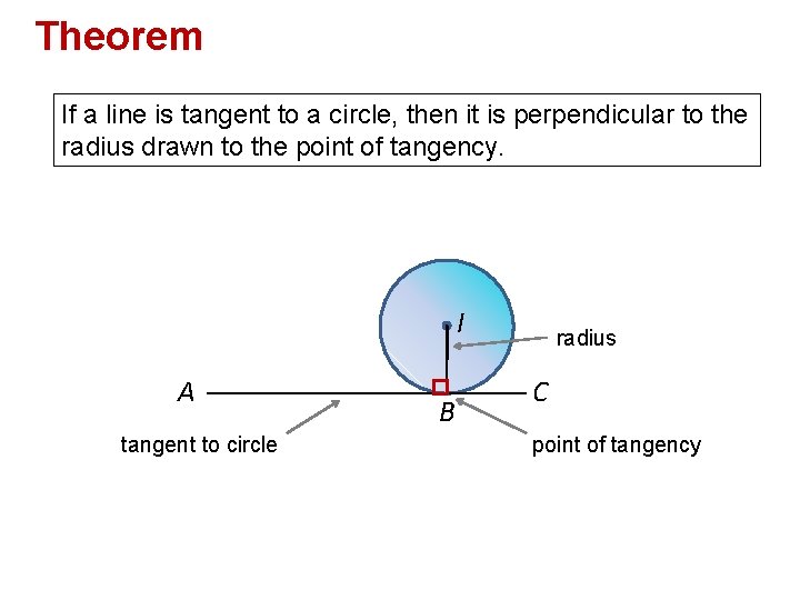 Theorem If a line is tangent to a circle, then it is perpendicular to