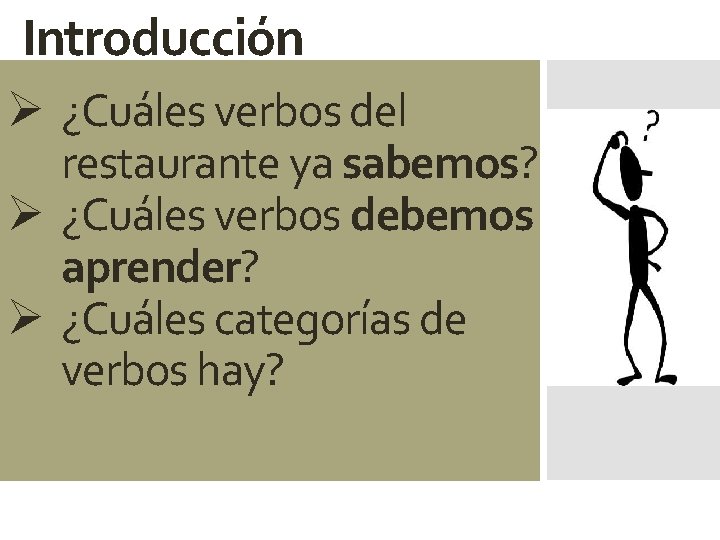 Introducción Ø ¿Cuáles verbos del restaurante ya sabemos? Ø ¿Cuáles verbos debemos aprender? Ø