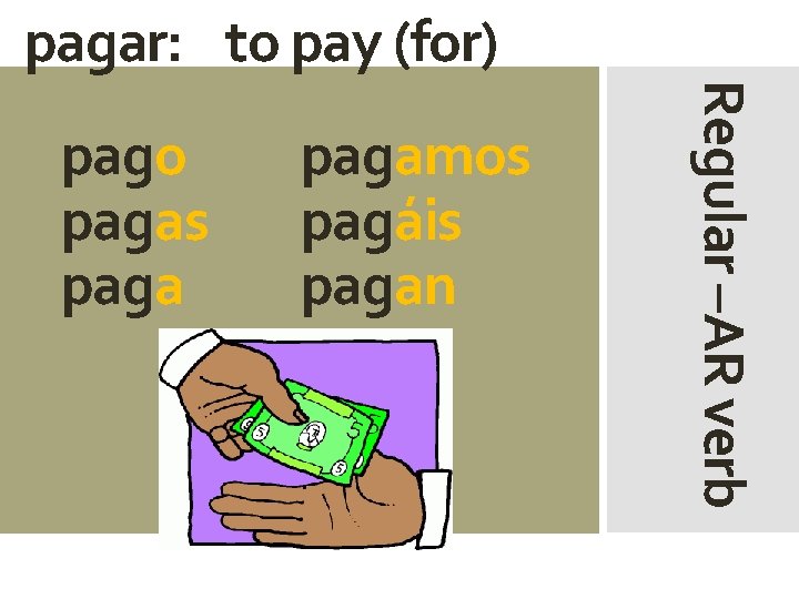 pagar: to pay (for) pagamos pagáis pagan Regular –AR verb pago pagas paga 