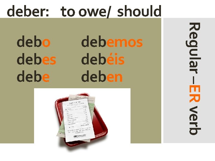 deber: to owe/ should debemos debéis deben Regular –ER verb debo debes debe 