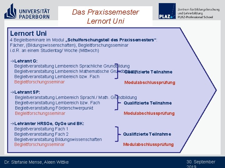 Das Praxissemester Lernort Uni 4 Begleitseminare im Modul „Schulforschungsteil des Praxissemesters“: Fächer, (Bildungswissenschaften), Begleitforschungsseminar