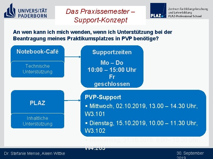 Das Praxissemester – Support-Konzept An wen kann ich mich wenden, wenn ich Unterstützung bei