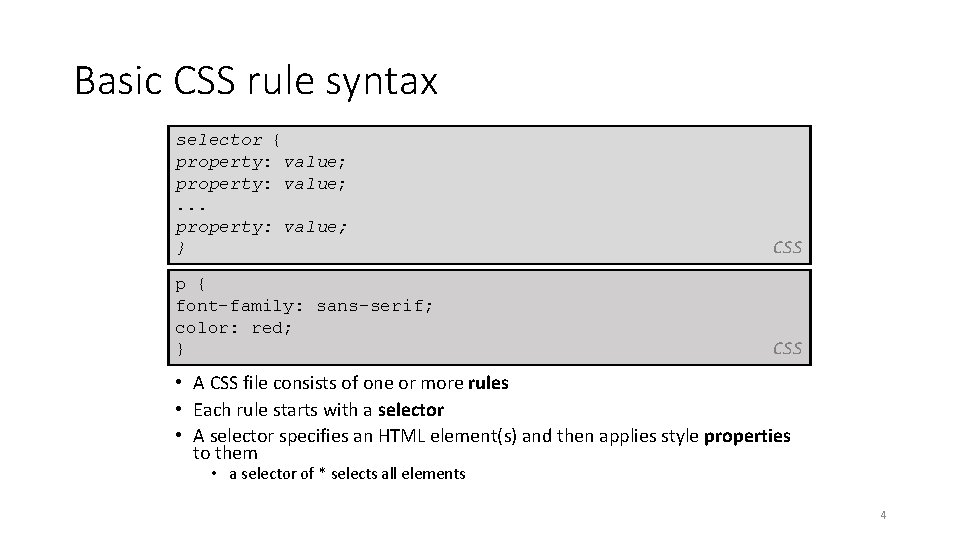 Basic CSS rule syntax selector { property: value; . . . property: value; }