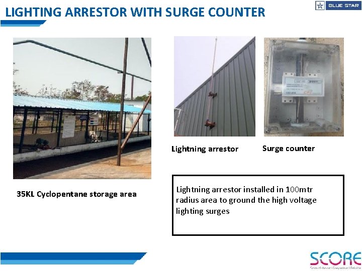 LIGHTING ARRESTOR WITH SURGE COUNTER Lightning arrestor 35 KL Cyclopentane storage area Surge counter