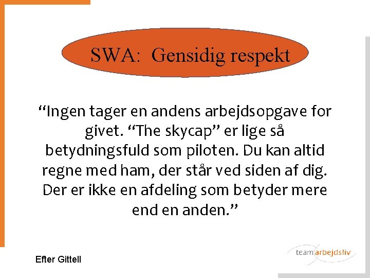 Site 2: Mutual Respect SWA: Gensidig respekt “Ingen tager en andens arbejdsopgave for givet.