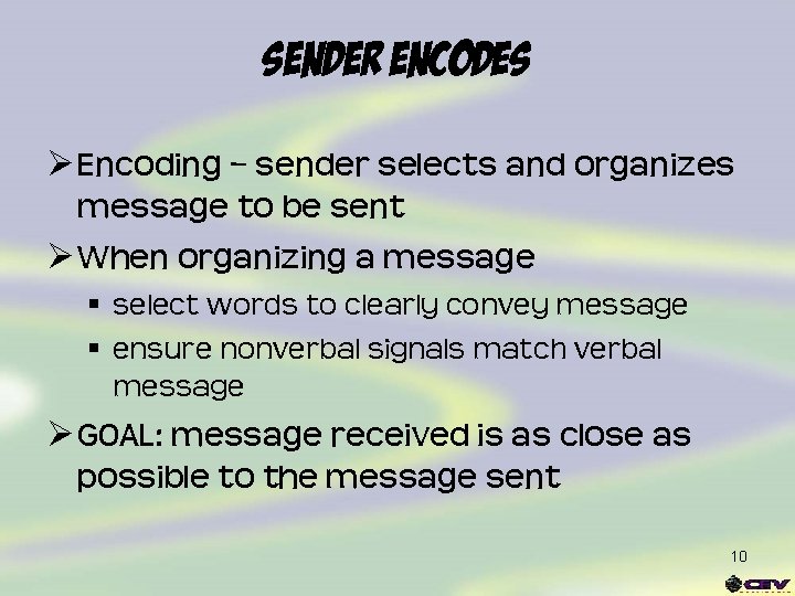 Sender Encodes Ø Encoding – sender selects and organizes message to be sent Ø