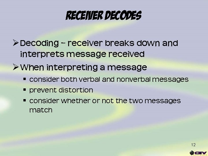 Receiver Decodes Ø Decoding – receiver breaks down and interprets message received Ø When