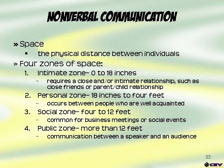 Nonverbal Communication » Space § the physical distance between individuals » Four zones of